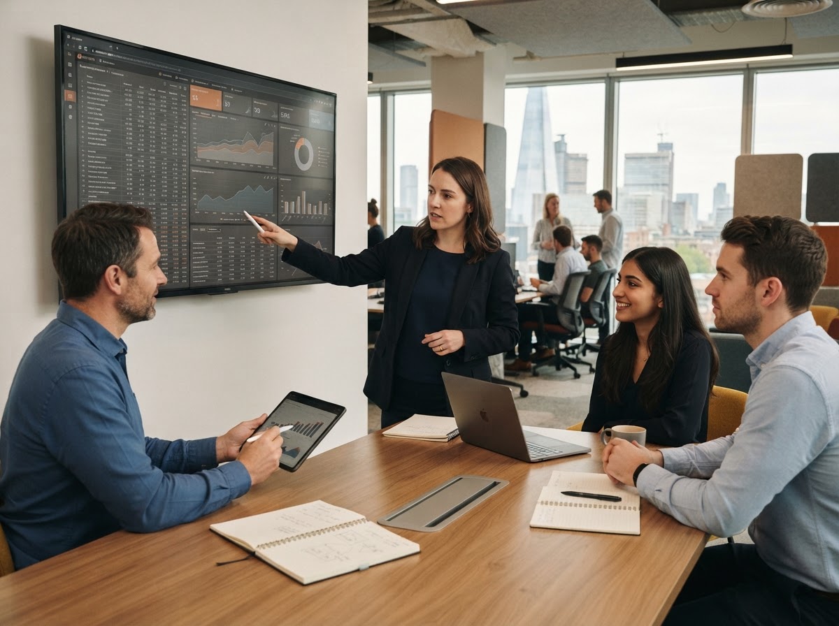 Glexicon team reviewing AI-generated risk analysis and market data on screen